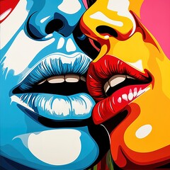 Lesbian girls kissing. Drawing of a close-up two women with lips near to each other, using a pop art and comic book art style.Red lips kiss together, upper lip kisses lower lip.LGBT concept - obrazy, fototapety, plakaty