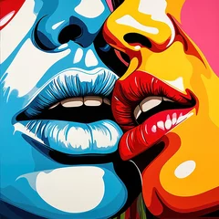 Fototapeten Lesbian girls kissing. Drawing of a close-up two women with lips near to each other, using a pop art and comic book art style.Red lips kiss together, upper lip kisses lower lip.LGBT concept © Bettina
