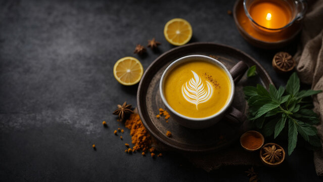 
Golden Indulgence: Top-Down View of Turmeric Latte Cup on a Textured Dark Background