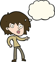 cartoon surprised woman pointing with thought bubble