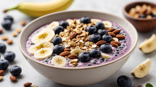 Bountiful Bliss: Top View of a Smoothie Bowl with Fresh Ripe Blueberries

