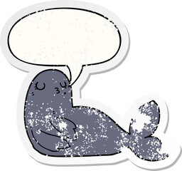 cartoon seal and speech bubble distressed sticker