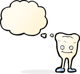 cartoon happy tooth with thought bubble