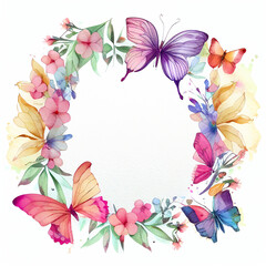 Round flower wreath with butterflies watercolor illustration, floral spring natural frame for wedding invitation design, summer decoration with flowers and leaves art