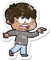 distressed sticker of a worried cartoon boy