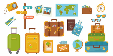 Set of Cute Travel Icon Patches and Sticker Collection.