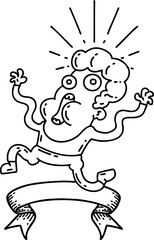 banner with black line work tattoo style frightened man