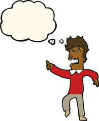 cartoon frightened man pointing with thought bubble