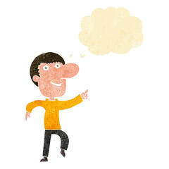 cartoon happy man dancing with thought bubble