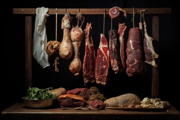 Artisanal meat cuts displayed on wooden rack with fresh herbs and spices.