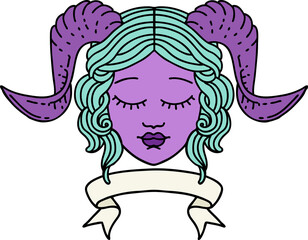 tiefling character face with scroll banner illustration