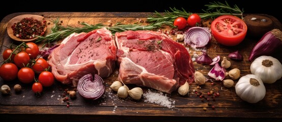 Rustic Elegance: Gourmet Uncooked Steaks with Fresh Herbs and Aromatic Spices