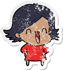 distressed sticker of a cartoon laughing woman