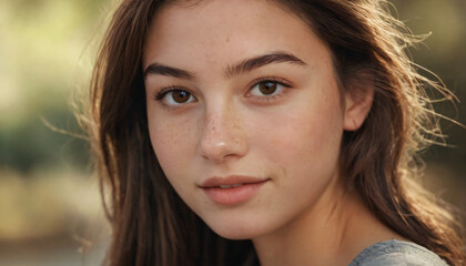 Fototapeta premium Young Brunette Teenager with Freckles and Radiant Smile - Headshot Portrait