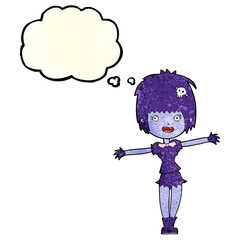 cartoon happy vampire girl with thought bubble