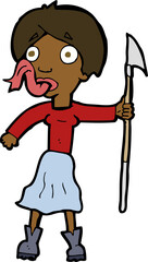 cartoon woman with spear sticking out tongue