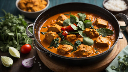Mumbai Magic in a Bowl: Top View on Bombay Chicken Curry with Spinach and Tomato