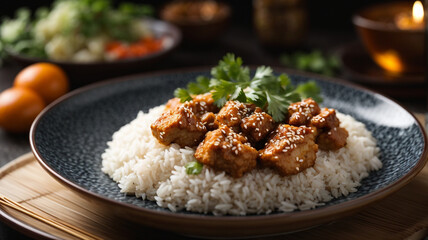 Savoring Perfection: Top View of Sesame Chicken Pieces with Rice on a Elegant Ceramic Plate