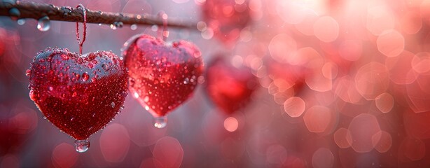 Valentine's day background with red hearts and bokeh - obrazy, fototapety, plakaty