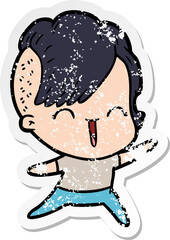 distressed sticker of a cartoon happy hipster girl