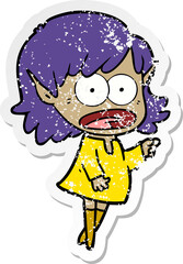 distressed sticker of a cartoon shocked elf girl pointing