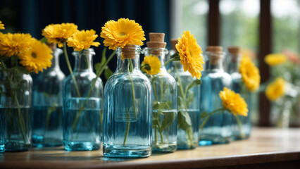 Azure Elegance: A Radiant Display of Transparent Blue Glass Bottles in a Room