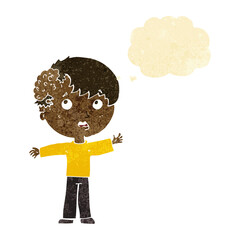 cartoon boy with growth on head with thought bubble