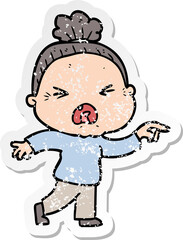 distressed sticker of a cartoon angry old woman