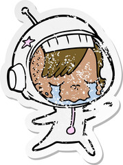 distressed sticker of a cartoon crying astronaut girl