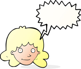 cartoon happy female face with speech bubble
