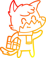 warm gradient line drawing cartoon happy fox with gift