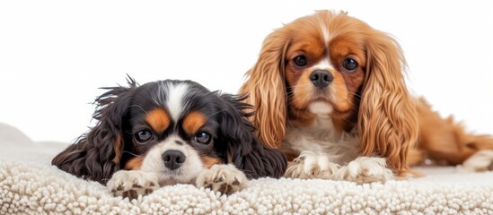 Russian Toy and cavalier king charles in front of a white backdrop.