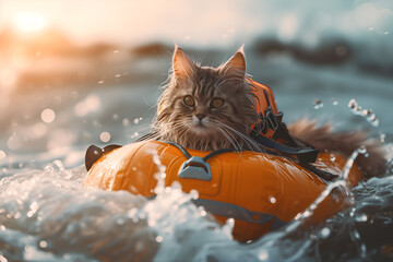 A fluffy cat in a life jacket floats on a raft on the waves. Minimalistic pets style isolated over light background - obrazy, fototapety, plakaty