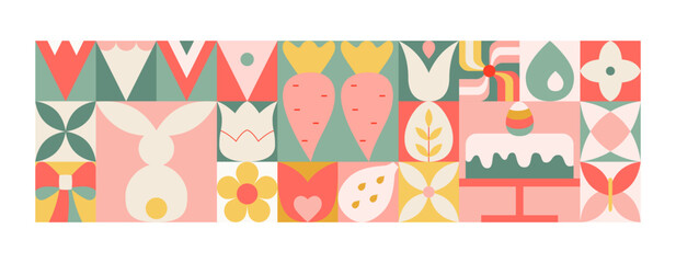 Fototapeta na wymiar Abstract easter geometric banner with modern minimalistic blocks with easter bunny, egg, cake, spring flowers.