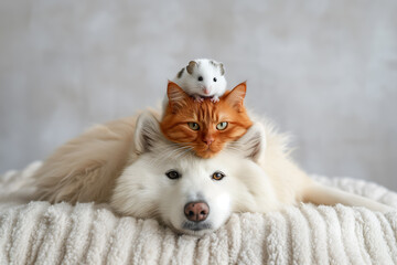 Obraz na płótnie Canvas A red cat sits on a white dog, and a fluffy hamster sits on the cat's head. Minimalistic pets style isolated over light background