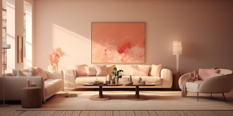 Peach fuzz Living room design with peach shades. stylish living room with a sofa with sofa chair and mockup on back wall, trendy color of the year 2024, peach fuzz interior design