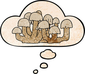 cartoon mushroom and thought bubble in grunge texture pattern style