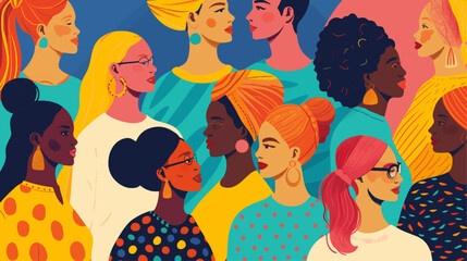 Flat illustration of a diverse group of women with different colors and hair. Afro-American and ethnic leadership in women - obrazy, fototapety, plakaty