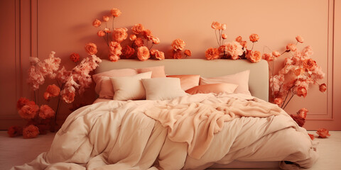 Peach fuzz bedroom design with peach shades. stylish bedroom with peach tone and elegant flowers, peach fuzz interior design