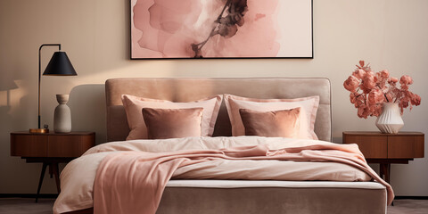 Peach fuzz bedroom design with peach shades. stylish bedroom with lamp on side table and abstract art on back wall, trendy color of the year 2024, peach fuzz interior design