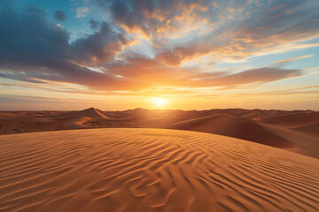 Fototapeta na wymiar Sunset over the arid landscape of the desert, showcasing golden sand dunes under an orange sky during a hot summer evening
