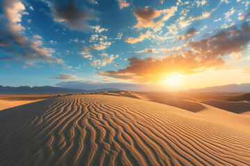 Sunset over the arid landscape of the desert, showcasing golden sand dunes under an orange sky during a hot summer evening