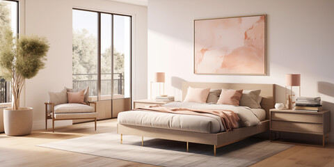 Peach fuzz bedroom design with peach shades. stylish bedroom with large mockup on back wall chair, and indoor plant trendy color of the year 2024, peach fuzz interior design