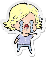 distressed sticker of a cartoon woman crying