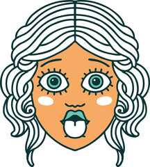 tattoo style icon of female face sticking out tongue