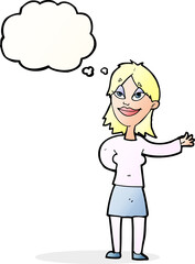 cartoon woman gesturing to show something with thought bubble
