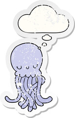 cute cartoon jellyfish and thought bubble as a distressed worn sticker