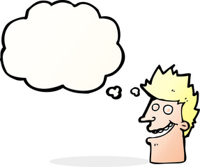 cartoon happy man face with thought bubble