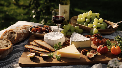 a picnic with a charcuterie / cheese board and wine in the park - Powered by Adobe