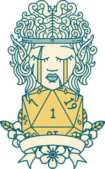 sad elf barbarian character with natural one roll illustration